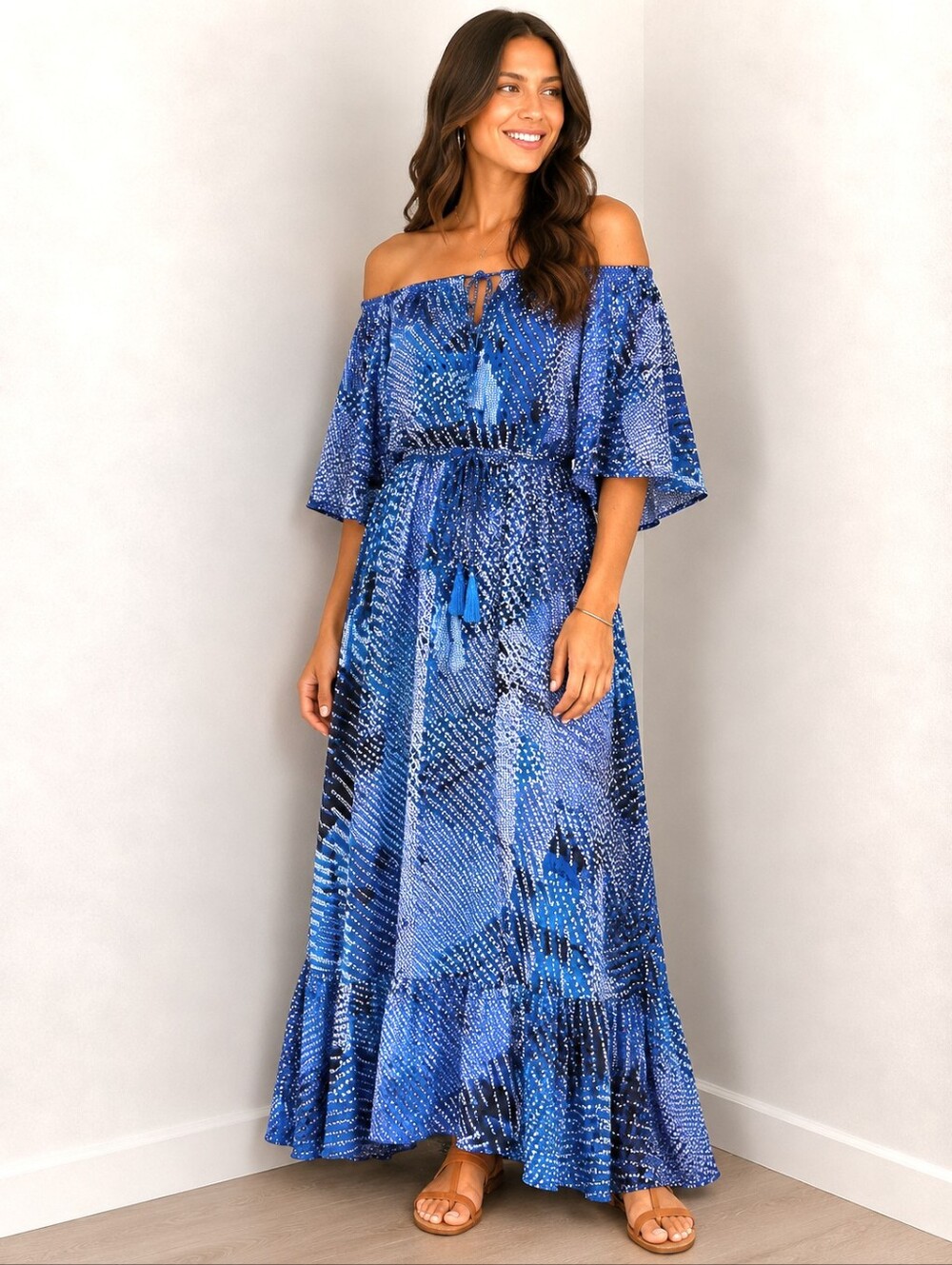 SheIn Blue & Black Boho Geometric Print Off-Shoulder Maxi Dress, Sz XL